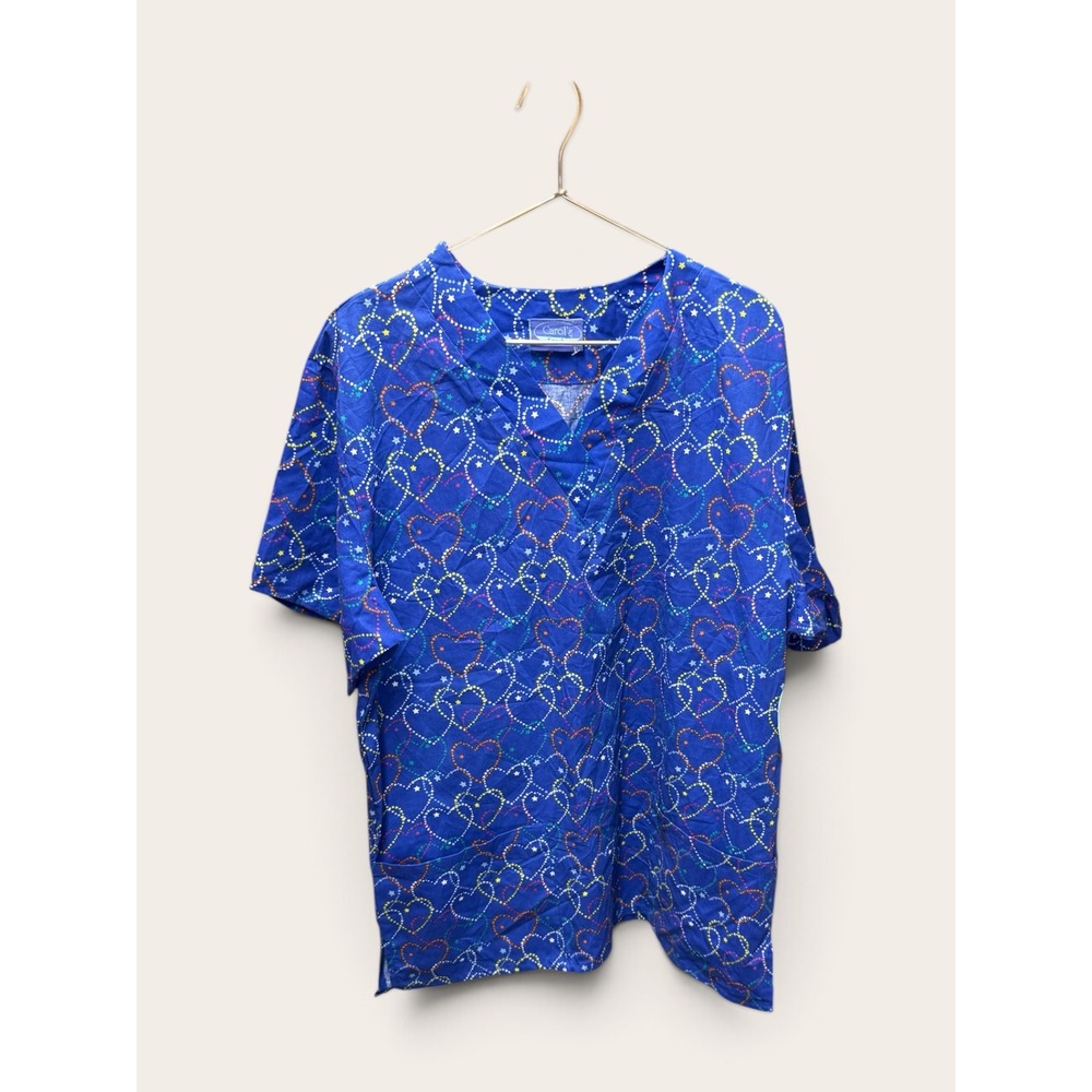 Carol's Scrubs Blue Rainbow Heart Star V-Neck Scrub Top Womens XL 16-18 NWT